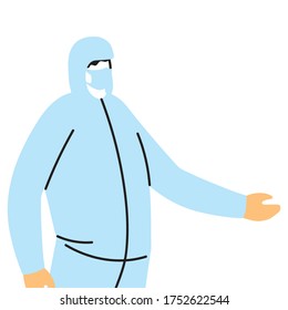 Man wearing protective suit, gloves, boots and mask to avoid covid 19 vector illustration design