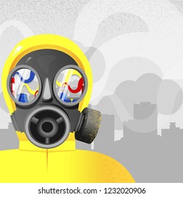 A man wearing a protective suit and a respirator the glasses of witch have a reflection of a chemical factory or a power plant