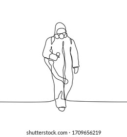 Man wearing protective suits disinfecting space with spray chemicals to prevent the spreading of the coronavirus. One continuous black line art on white background. It can be used for animation.