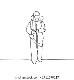 Man wearing protective suits disinfecting space with spray chemicals to prevent the spreading of the coronavirus. One continuous black line art on white background