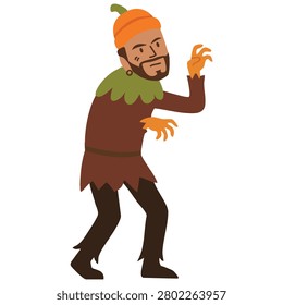 man wearing pumpkin beanie hat walking in sneaky pose