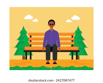 A man wearing a purple shirt sits alone on a park bench wearing sunglasses. Character design. Vector flat illustration