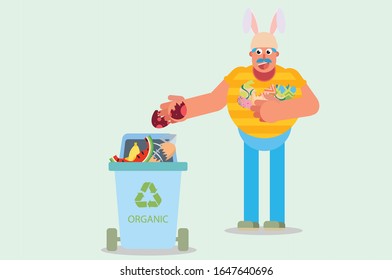 A man wearing a rabbit hat and discards the broken egg in its place. Colorful Easter vector illustration, this illustration can use as a sticker also.