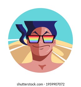 A man wearing rainbow glasses represent about homosexual and lgbtq+ community.