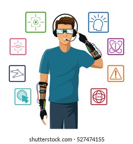 man wearing reality glasses wired glove interface icons