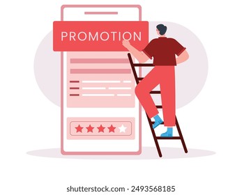 A man wearing red clothes is climbing a ladder arranging a design promotion rating. Character design. Vector flat illustration