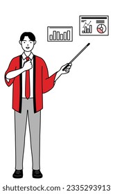 Man wearing a red happi coat analyzing a performance graph, Vector Illustration