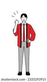 Man wearing a red happi coat posing with guts, Vector Illustration