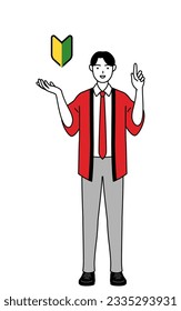 Man wearing a red happi coat showing the symbol for young leaves, Vector Illustration
