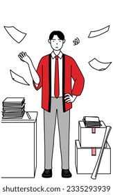 Man wearing a red happi coat who is fed up with his unorganized business, Vector Illustration