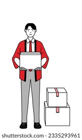 Man wearing a red happi coat working to carry cardboard boxes, Vector Illustration