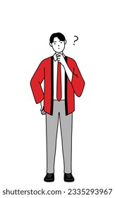 Man wearing a red happi coat nodding his head in question, Vector Illustration