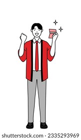 Man wearing a red happi coat who is pleased to see a bankbook, Vector Illustration