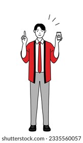 Man wearing a red happi coat taking security measures for his phone, Vector Illustration