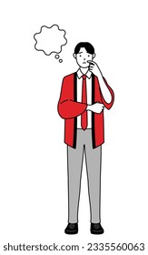 Man wearing a red happi coat thinking while scratching his face, Vector Illustration