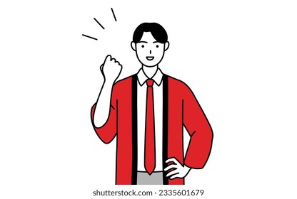 Man wearing a red happi coat posing with guts, Vector Illustration
