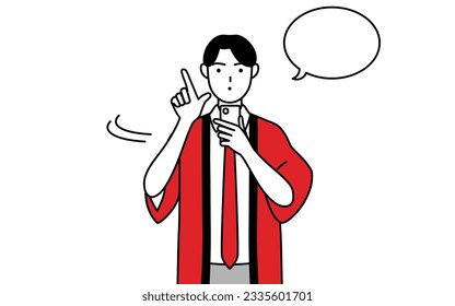 Man wearing a red happi coat operating a smartphone, Vector Illustration