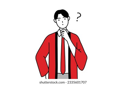 Man wearing a red happi coat nodding his head in question, Vector Illustration