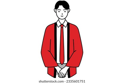 Man wearing a red happi coat bowing with folded hands, Vector Illustration