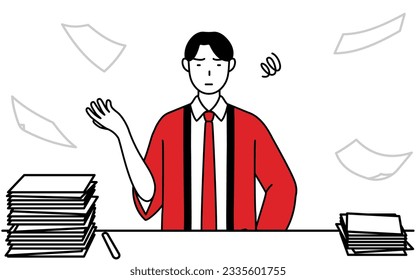 Man wearing a red happi coat who is fed up with his unorganized business, Vector Illustration