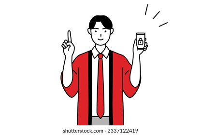 Man wearing a red happi coat taking security measures for his phone, Vector Illustration