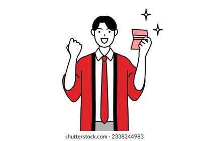 Man wearing a red happi coat who is pleased to see a bankbook, Vector Illustration