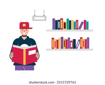 Man wearing red hat reading book in library, studying peacefully and quietly. Character design. Vector flat illustration