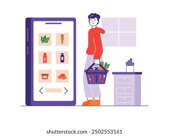 Hombre con una sudadera con capucha roja eligiendo productos en un App de comestibles en línea. Pedido desde casa y entrega por mensajería. Diseño de personajes. Ilustración plana de Vector