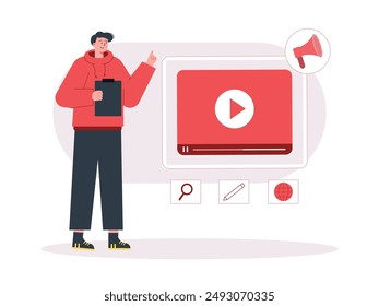 A man wearing a red hoodie is setting up the design of a marketing website to make it interesting for viewers. Character design. Vector flat illustration