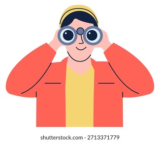 A man wearing a red jacket and yellow shirt is looking through binoculars