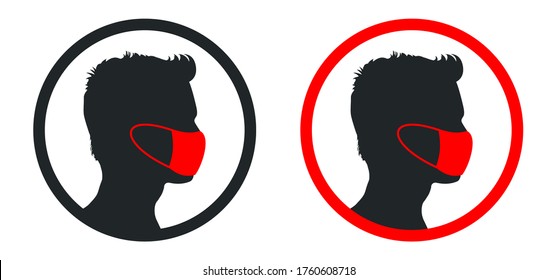 Man wearing red medical mask icon, protecting themselves against pandemic epidemic infection. Coronavirus - COVID-19, virus contamination, pollution, antivirus. Disposable medical mask