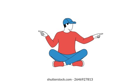 Man wearing red shirt and blue cap sitting cross legged pointing in two opposite directions
