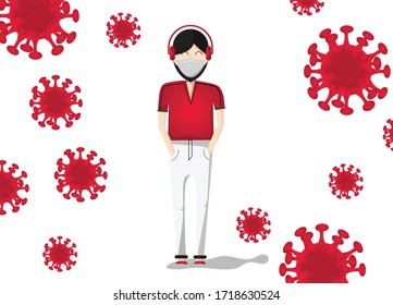 A man wearing red shirt and face mask walking through the covid-19 virus. Covid-19 prevention kit. Wearing facemask is a new normal.