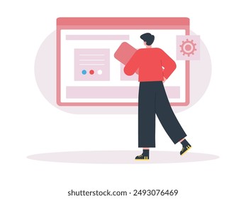 Man wearing red shirt is organizing website development, job creative idea. Character design. Vector flat illustration
