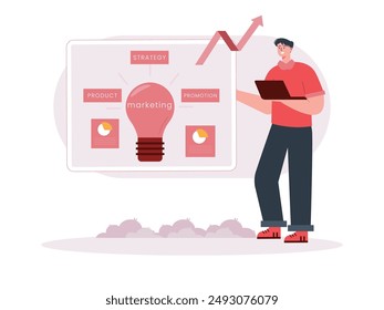 A man wearing a red shirt is standing holding a laptop, planning marketing, product, strategy and promotion. Character design. Vector flat illustration