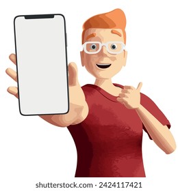 A man wearing a red short-sleeved t-shirt and orange hair is making an thumbs up with one hand and holding a phone with the other. Mockup Illustration vector cartoon drawing
