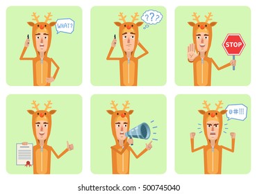 Man wearing reindeer Christmas costume posing in different situations. Reindeer mascot talking to the phone, thinking, surprised, angry, holding stop sign, loudspeaker. Flat style vector illustration