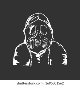 Man wearing respirator and glasses isolated on black background. Design for T-shirts. Vector illustration.