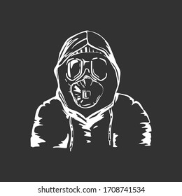 Man wearing respirator and glasses isolated on black background. Design for T-shirts. Vector illustration.