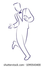 Man wearing retro clothes dancing charleston. Ink line drawing on white background.