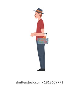 Man Wearing Retro Fedora Hat Standing with Shopping Basket, Guy Shopping Groceries at Mall or Supermarket Cartoon Style Vector Illustration