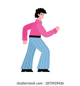Man wearing retro style 80s costume with pink shirt and wide blue pants with blue stripes. 1980s party, flat cartoon vector illustration isolated white background