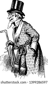 A man wearing robe with top hat and holding umbrella in hand, vintage line drawing or engraving illustration