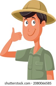 Man Wearing Safari Costume Holding Thumbs Up Vector Cartoon. Happy smiling ranger in khaki uniform showing OK gesture
