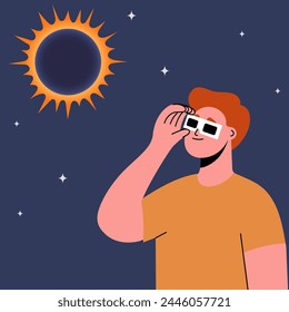 Man wearing safety glasses watch a solar eclipse
