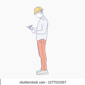 A man wearing a safety hat writes something. hand drawn style vector design illustrations.