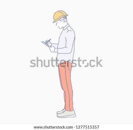 A man wearing a safety hat writes something. hand drawn style vector design illustrations.