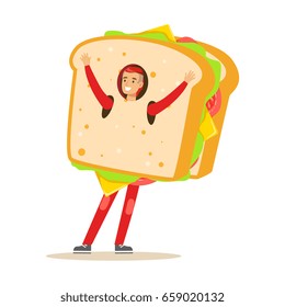 Man wearing sandwich costume, fast food snack character vector Illustration