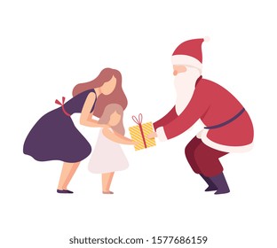 Man Wearing Santa Claus Costume Giving Gift Box to Little Girl Vector Illustration