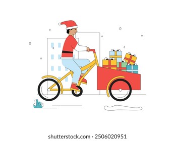 A man wearing a Santa Claus costume rides a bicycle with a cart full of gifts, giving them to children during Christmas. Design character. Vector flat illustration